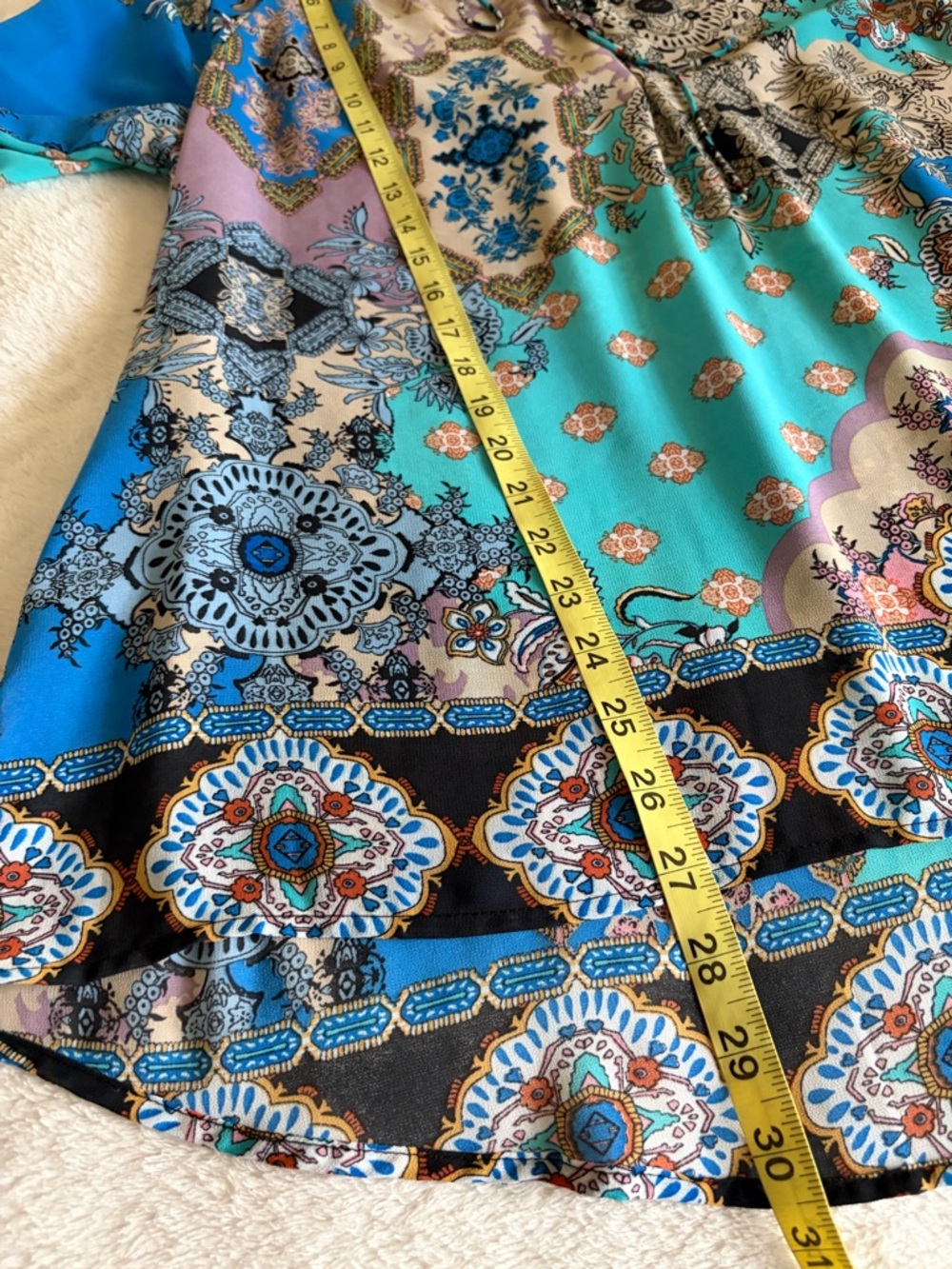 fig and flower Turquoise/Blue Printed Peasant‎ Semi Sheer Balloons Sleeve Blouse - Picture 9 of 9